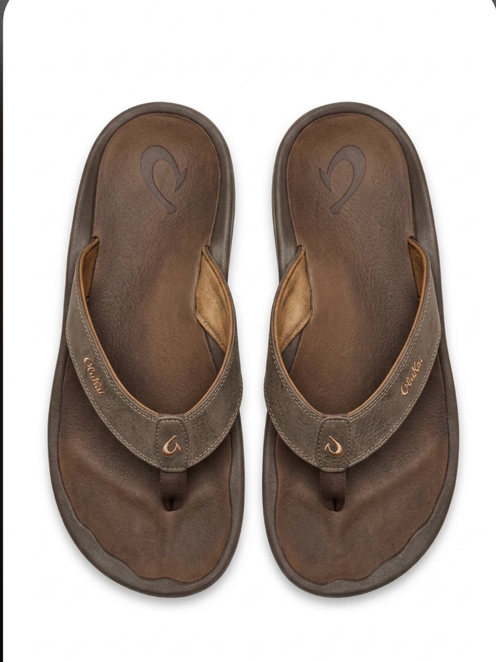 OluKai Men's Gray/Brown Leather Flip Flops